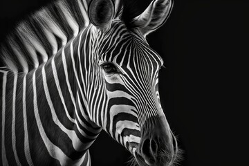 Fototapeta na wymiar Detail of a zebra with its stripes. Portrait of a zebra taken up close. Black and white picture. Generative AI