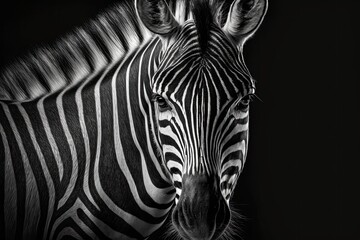 Detail of a zebra with its stripes. Portrait of a zebra taken up close. Black and white picture. Generative AI