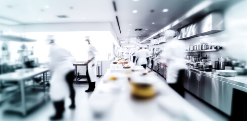 Chefs cooking in professional kitchen. Blurred restaurant kitchen. Motion chefs of a restaurant kitchen. digital ai art
