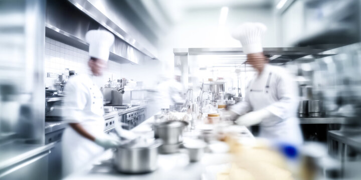 Chefs cooking in professional kitchen. Blurred restaurant kitchen. Motion chefs of a restaurant kitchen. digital ai art
