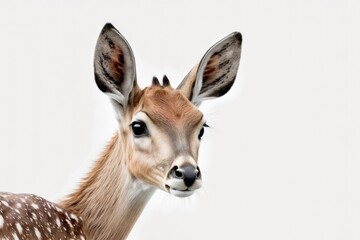 fallow deer, dama dama, doe watching until the camera went blank. A picture of a female animal looking at something, with a white background. Back of the head with blank space. Generative AI