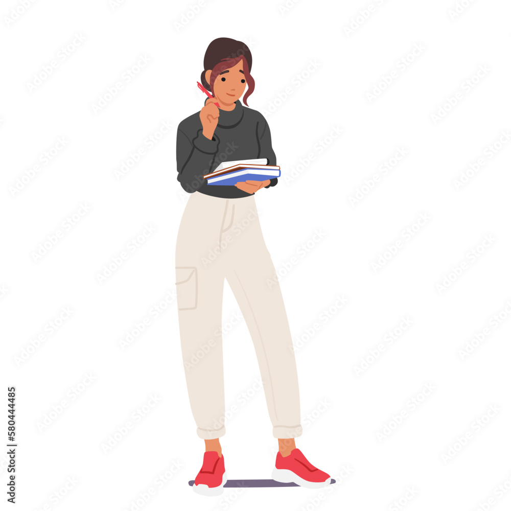 Aufkleber student girl character standing with pen and notebooks in hand. studious and organized person learni