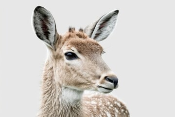 fallow deer, dama dama, doe watching until the camera went blank. A picture of a female animal looking at something, with a white background. Back of the head with blank space. Generative AI