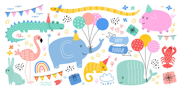 Hand drawn abstract birthday animals flat illustrations. Cute cartoon wild animals celebrate birthdays