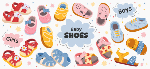 Childrens shoes flat illustrations. Trendy summer sandals for boys and girls and sneakers. Fashionable footwear for kids
