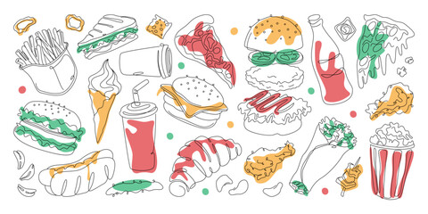 Hand drawn linear fast food illustrations. Slice of pizza, croissant, hot dog, shawarma, sandwich, burger and popcorn