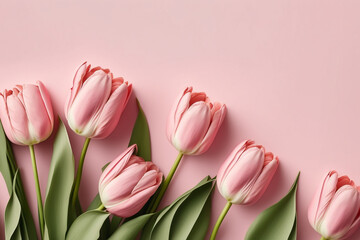 Floral banner, a pink pastel tulip flower with empty space for copy text, pastel pink background.