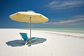 illustration, umbrella and lounge chairs on the beach sand, ai generative