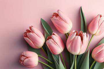 Floral banner, a pink pastel tulip flower with empty space for copy text, pastel pink background.