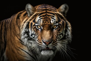 Fototapeta premium Face of an angry Sumatran tiger, angry animal, head of a Sumatran tiger up close with a gray background. Generative AI