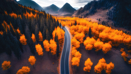 Aerial view of road in colorful forest at sunset in autumn. Travel. Generative AI