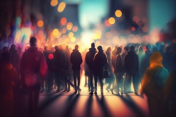 brightly colored illustration, crowd on the street, ai generative