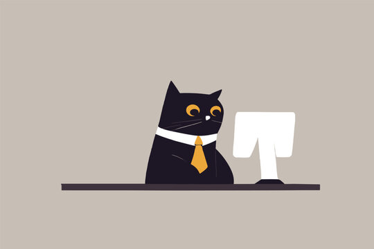 The cat works at the laptop at home. Flat illustration.