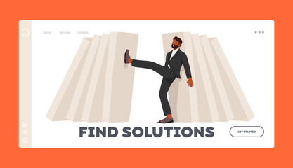 Problem Solving Landing Page Template. Domino Effect Or Business Resilience Metaphor. Man Pushing Falling Domino