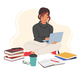 Female Student Character Sitting On Floor With Laptop And Books, Creating A Comfortable Study Space