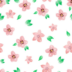 Seamless watercolor pattern with illustration of spring flowers, leaves.
