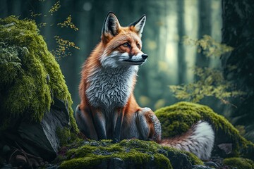 Fox in green forest. Red Fox, Vulpes vulpes, sitting on mossy stone in the forest. Scene of wildlife in the wild. Animal in nature habitat. Animal in green environment. Generative AI