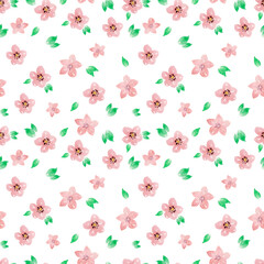 Seamless watercolor pattern with illustration of spring flowers, leaves.