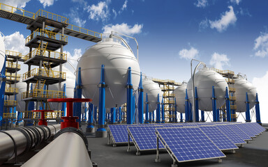 Hydrogen renewable energy production. Industrial panorama of a plant where clean energy is produced.  Hydrogen for solar and wind turbine with clean electricity.
