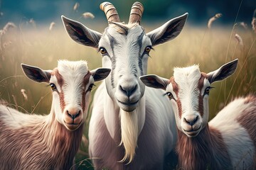 Goats that are kept as pets have a mother goat and two kids. In the wild, in a meadow. Pets. Portrait. The goats are looking at you. Generative AI