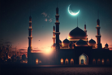 Beautiful mosque with moon. eid mubarak background Generative AI