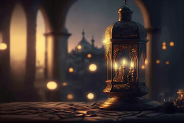 Islamic lantern on the blurred background Generative AI