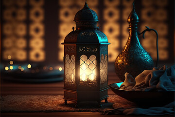 Arabic lantern with iftar food Generative AI