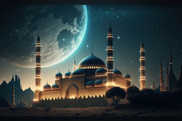 Nighttime mosque silhouette background Generative AI