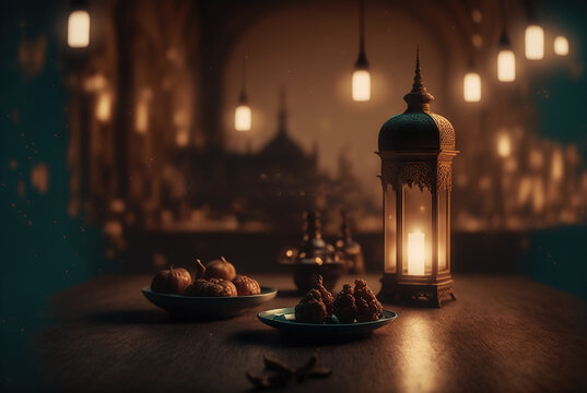 Arabic lantern and fruits on ramadan kareem table Generative AI