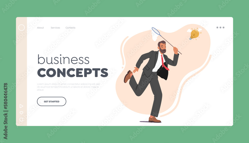 Poster business concepts landing page template. businessman character chasing flying light bulb trying to c