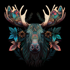 Colorful floral moose mandala art on a black background. Created with Generative AI technology.