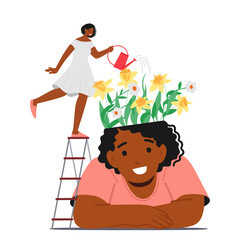 Mental Health Concept. Tiny Woman Watering Flowers Growing in Huge Female Character Head. Psychological Support