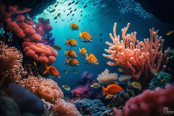 Naklejka na ściany i meble Coral reef in sea