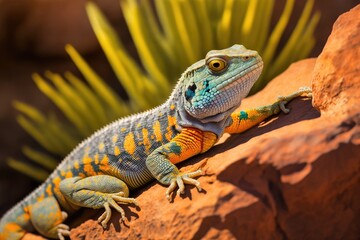 Obraz premium Crotaphytus collaris, a type of collared lizard, is warming up on a rock in the Sonoran Desert. In the American Southwest, a close up of a large, colorful lizard. A brightly colored native reptile sun