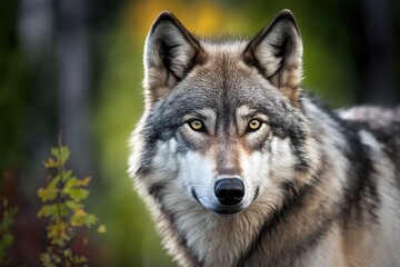 Naklejka na ściany i meble Close up portrait of a grey wolf (Canis Lupus), also called a Timber wolf, with an aggressive look on its face in the Canadian forest in the summer. Generative AI