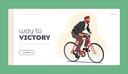 Fototapeta na wymiar Way to Victory Landing Page Template. Businessman Character Wearing Formal Suit Riding Bicycle Take Part in Competition