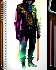 Trozos de color , cuaderno de bocetos , dibujado a mano , oscuro , arenoso , boceto realista , boceto áspero