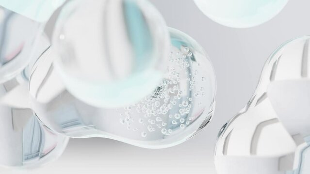 essential Oil Bubbles for cosmetics in water. blue liquid bubbles, fluid flow. Collagen, atoms floating, Moisturizing Cream, Skin Serum, Vitamin, beauty concept, 3d render