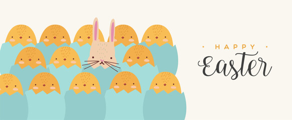 Cute easter eggs with chicks and rabbit in flat banner design
