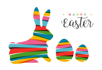Easter rabbit and egg in transparent bright colors in cut out style card