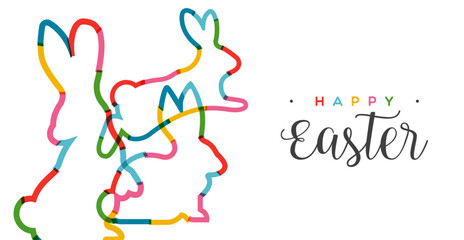 Easter rabbit poses in transparent bright colors in line art style card