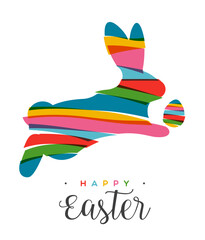 Jumping Easter bunny and egg in transparent bright colors in cutout style poster
