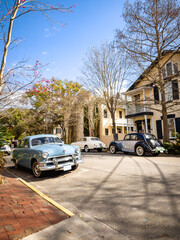 Classic American cars fill Savannah, Georgia, residential street