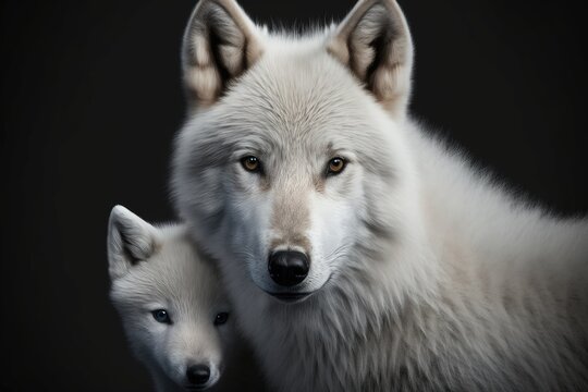 Canis lupus arctos, a white Arctic wolf, with a cute and playful wolf cub on its head. Wild animals in close up against a black background. Generative AI