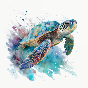 Colourful watercolour of a sea turtle swimming , Generative AI