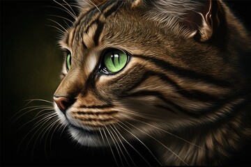 Beautiful portrait of a light brown tabby cat with green eyes on a brown background with space to write. Generative AI