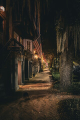 Fototapeta na wymiar View down old brick-paved street of Savannah, Georgia at night illuminated by gas lamps with a line of American flags - Wide
