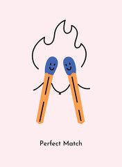Perfect match cartoon vector illustration. Card, gift tag or print design perfect for loved ones. Greeting card for partner romantic clipart. 