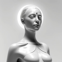 Statue de femme futuriste blanche sur fond blanc. IA générative. - obrazy, fototapety, plakaty