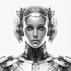 Portrait 3D de femme robot fictive. Cyborg féminin représentant une intelligence artificielle. Visage technologique futuriste sur fond blanc.